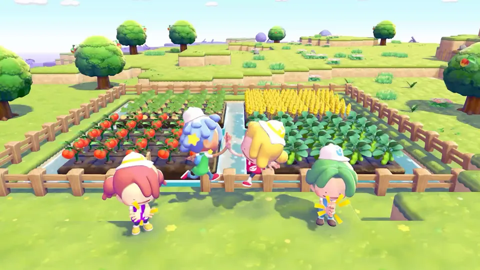 A fenced crop field on Pokopia island with players tending tomatoes, wheat, and leafy vegetables.