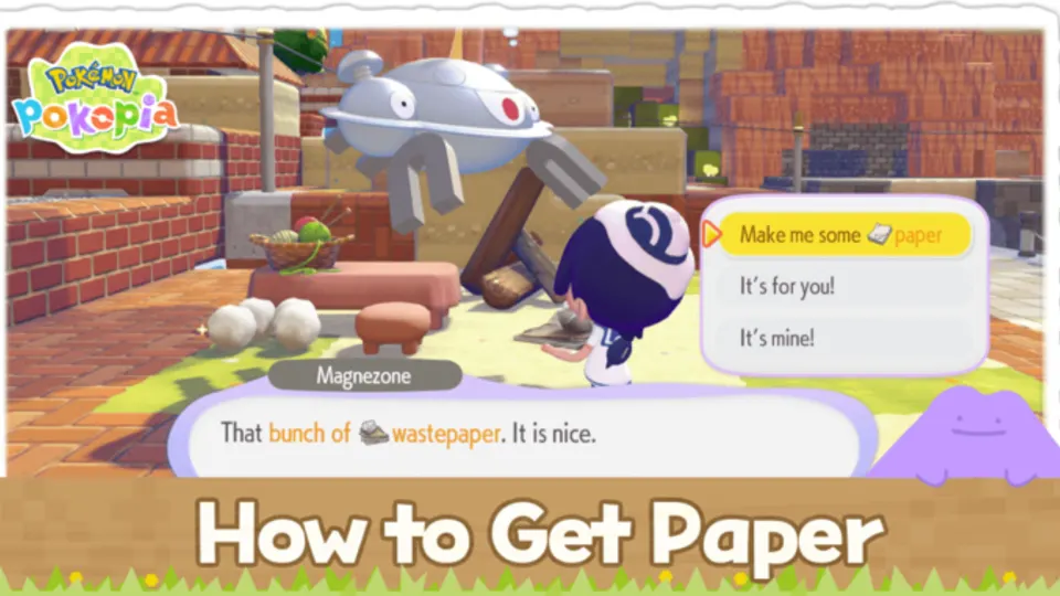 A Pokémon Pokopia guide image showing Paper as a crafting material and its recycling-related sources and uses.