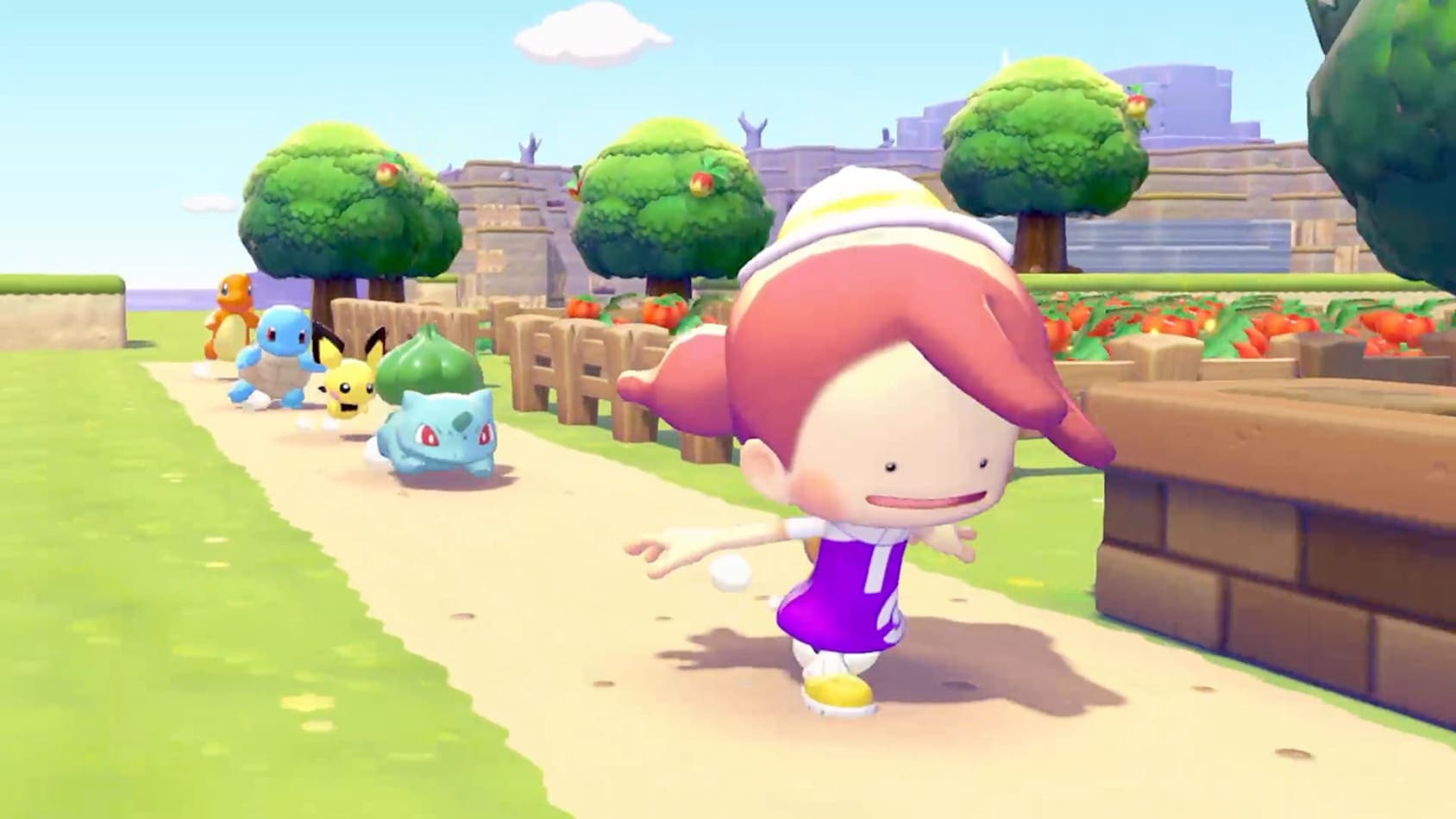 Official Pokémon Pokopia gameplay screenshot showing Pokémon moving through a farm area, used as a clean cover image for a materials guide.
