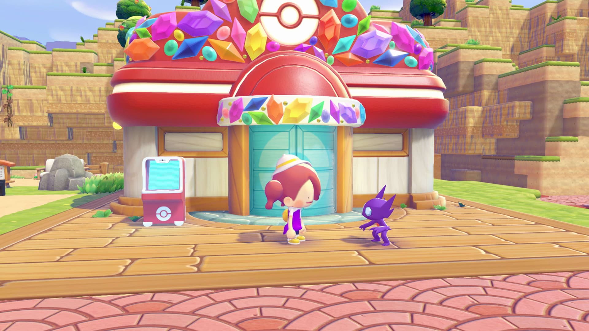 Official Pokémon Pokopia event screenshot showing Sableye at the Pokémon Center during Sableye's Gem Hunt.