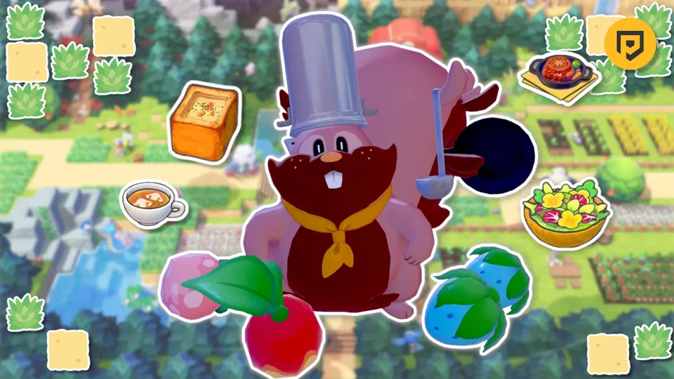 Chef Dente stands with cooking ingredients and prepared dishes laid out around the kitchen interface in Pokémon Pokopia.