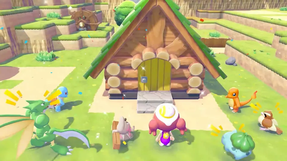 A cozy wooden house with a green roof in Pokémon Pokopia, surrounded by Pokémon celebrating outside.