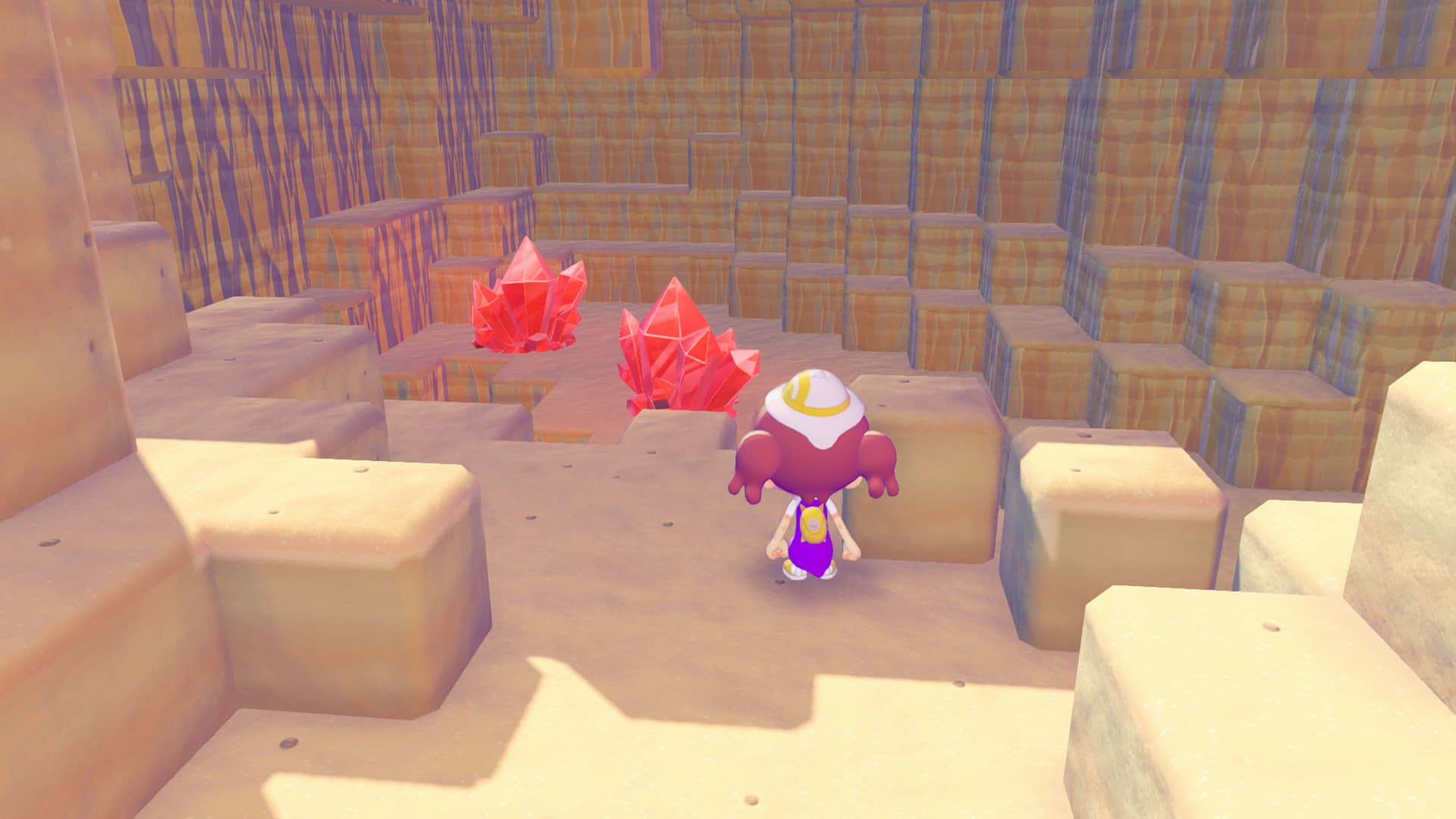 Official Pokémon Pokopia screenshot showing red crystal fragment collection during Sableye's Gem Hunt.